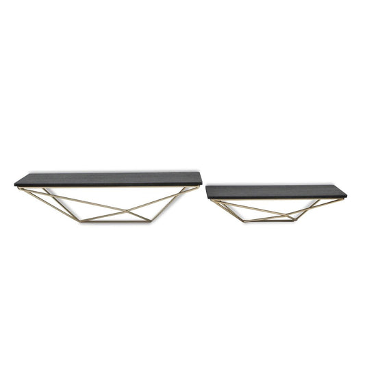 Set Of Two Black And Gold Wood And Metal Modern Wall Mounted Accent Shelves