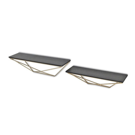 Set Of Two Black And Gold Wood And Metal Modern Wall Mounted Accent Shelves