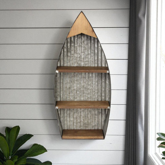 23" Brown And Gray Galvanized Metal And Wood Wall Mounted Boat Shelf