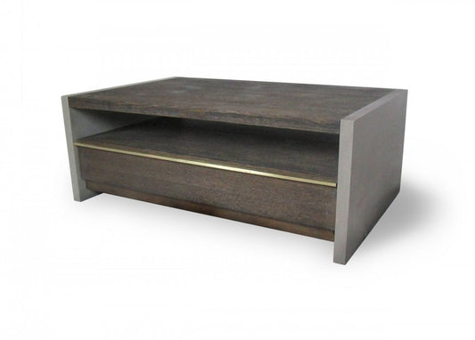 47" Brown and Dark Gray Solid Wood And Concrete Block Coffee Table With Drawer And Shelf