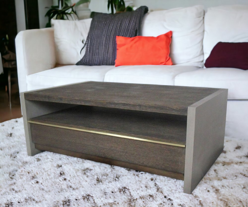 47" Brown and Dark Gray Solid Wood And Concrete Block Coffee Table With Drawer And Shelf