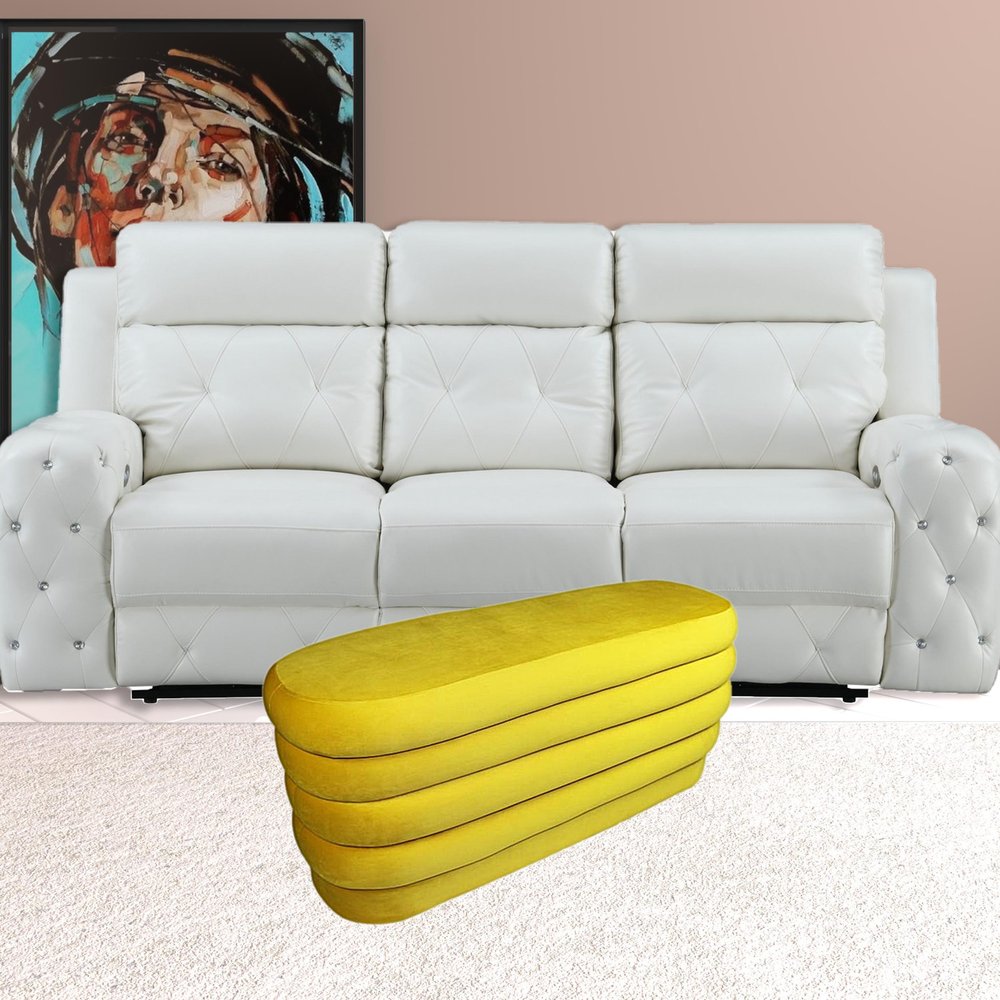 44" Yellow Velvet Tufted Oval Ottoman