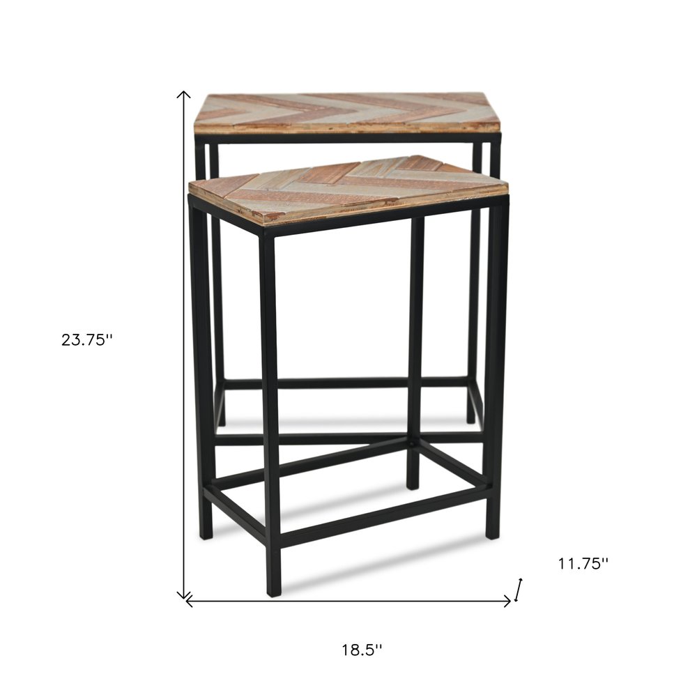 Set of Two 24" Black And Brown Solid Wood And Steel Nested Tables
