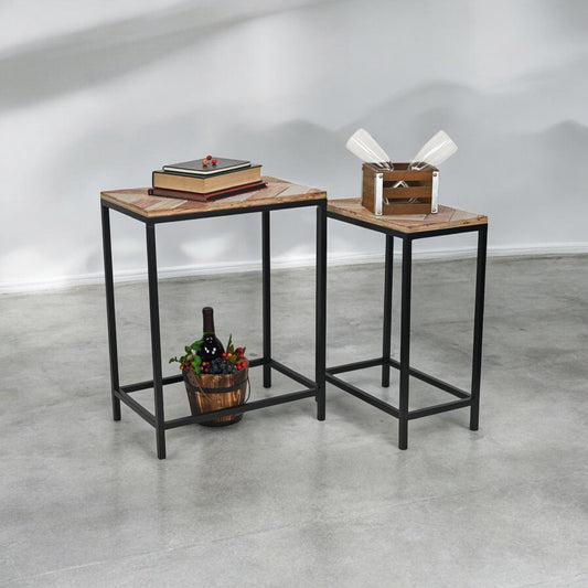 Set of Two 24" Black And Brown Solid Wood And Steel Nested Tables