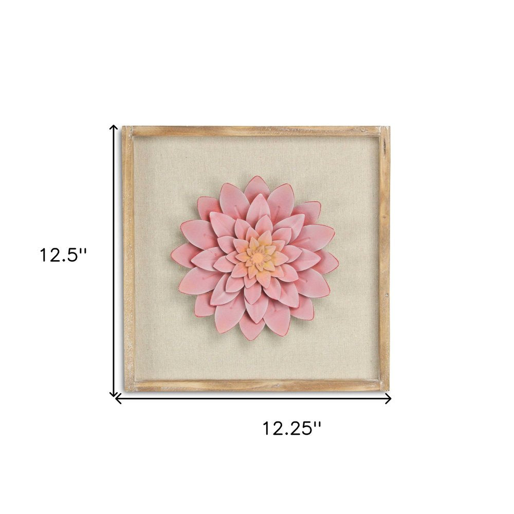 12" X 13" Pink and Off White Flower Wood and Metal Wall Decor