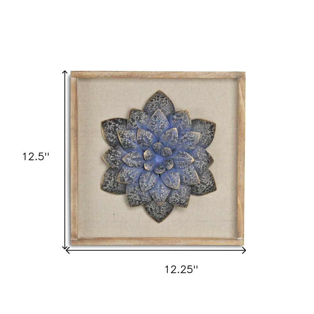 12" X 13" Dark Blue Flower Wood and Metal Wall Decor