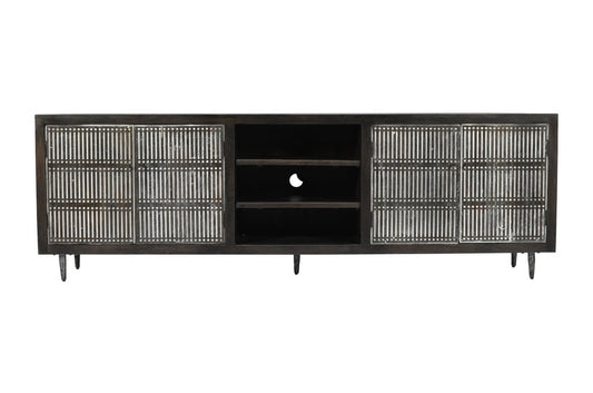 92" Dark Brown Carved Geometric Distressed Solid Wood Enclosed and Open Storage TV Stand