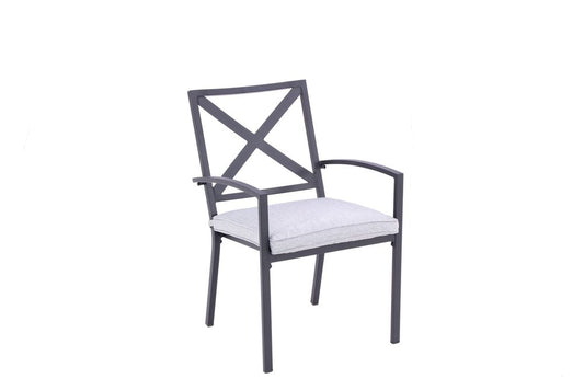 Set of Two Dark Gray Aluminum Outdoor Stacking Dining Chairs with Light Gray Cushion