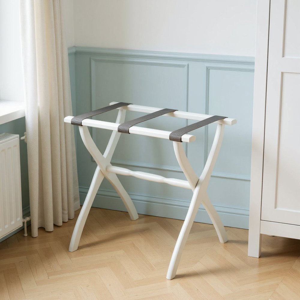 White Folding Luggage Rack With Gray Straps