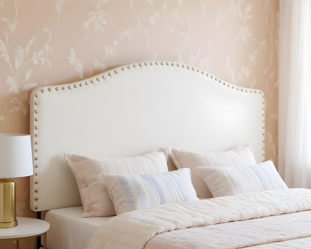 White Faux Leather Upholstered Arched Queen Headboard With Nail Head Trim