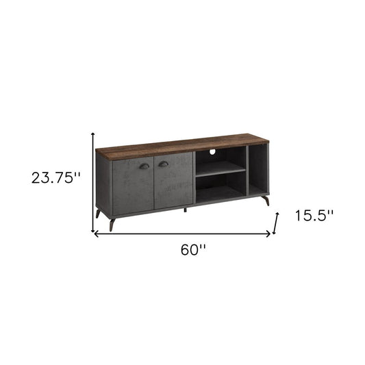 60" Brown And Gray Distressed Reclaimed Wood Enclosed and Open Storage TV Stand