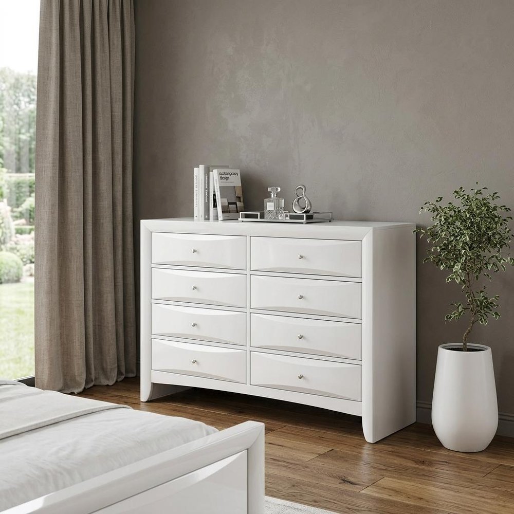 59" White Solid and Manufactured Wood Eight Drawer Double Dresser
