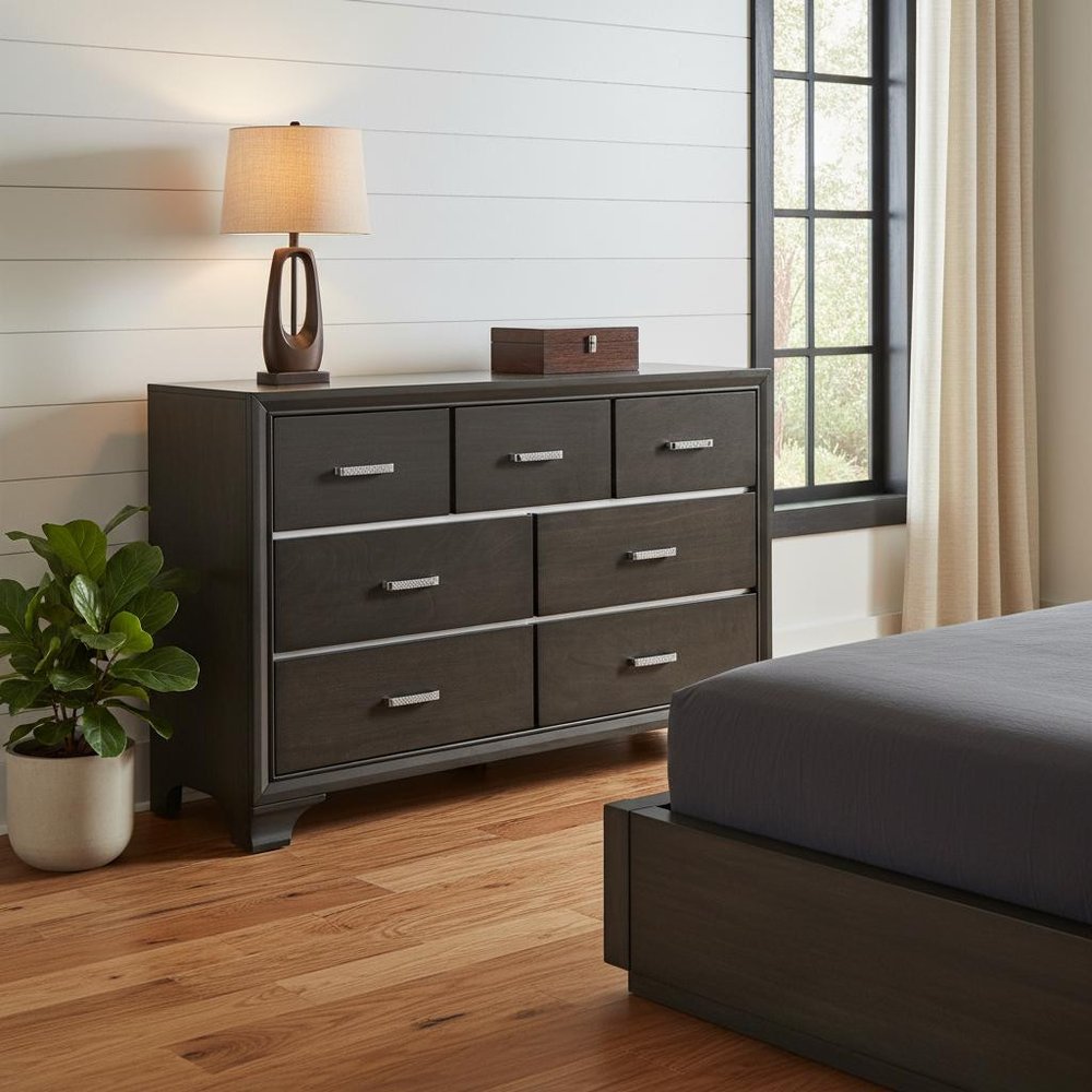 58" Gray Solid and Manufactured Wood Seven Drawer Triple Dresser