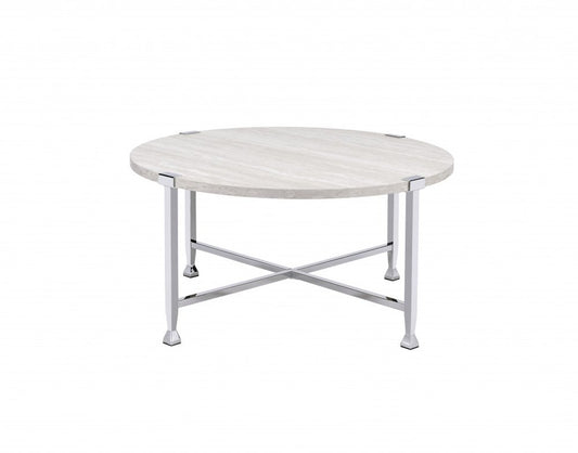 36" White and Silver Metal Round Cross Legs Coffee Table