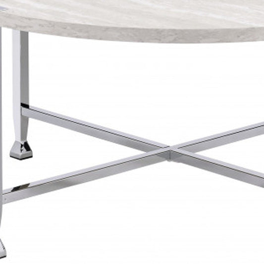 36" White and Silver Metal Round Cross Legs Coffee Table