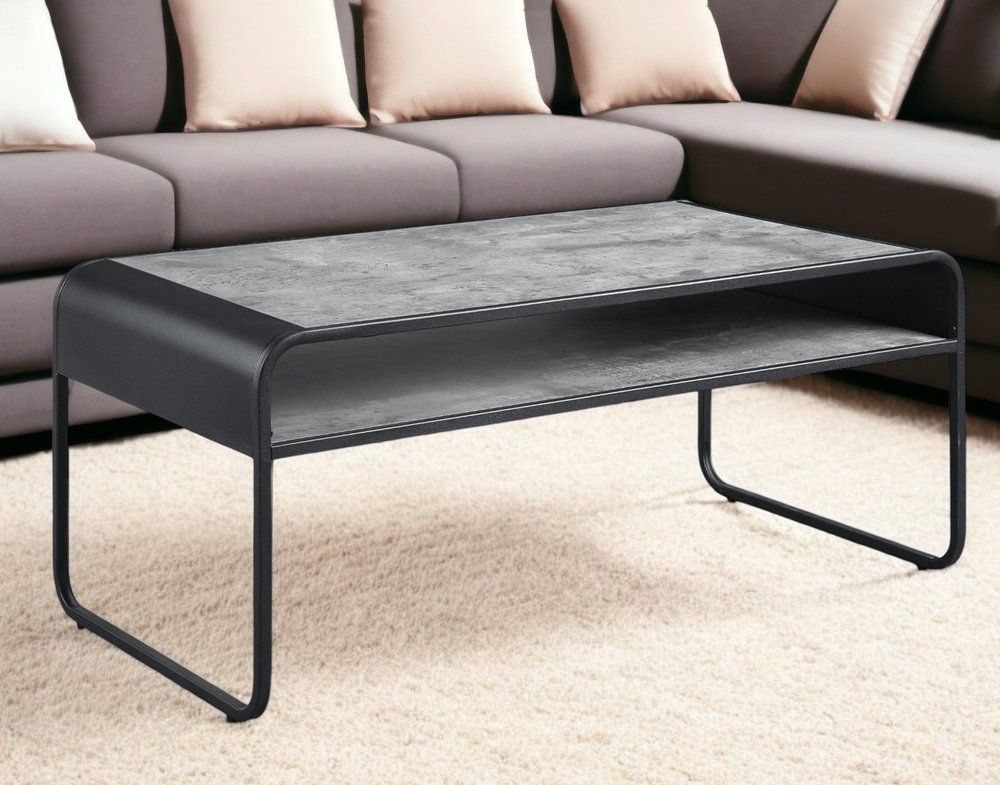 42" Gray and Black Concrete And Metal Sled Coffee Table With Shelf