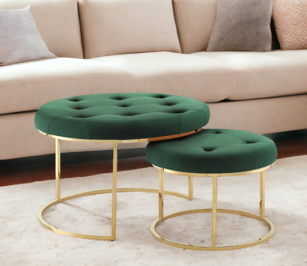 Set of Two Green Velvet and Gold Tufted Round Ottoman