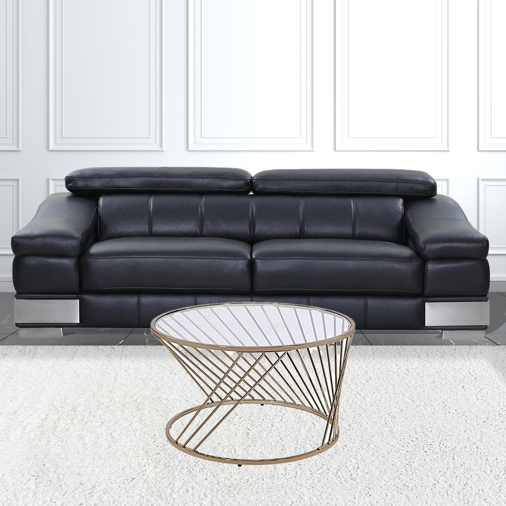 32" Clear and Champagne Glass And Metal Round Frame Coffee Table