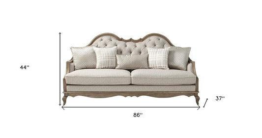 86" Brown And Beige Upholstered Solid Wood Sofa With Toss Pillows