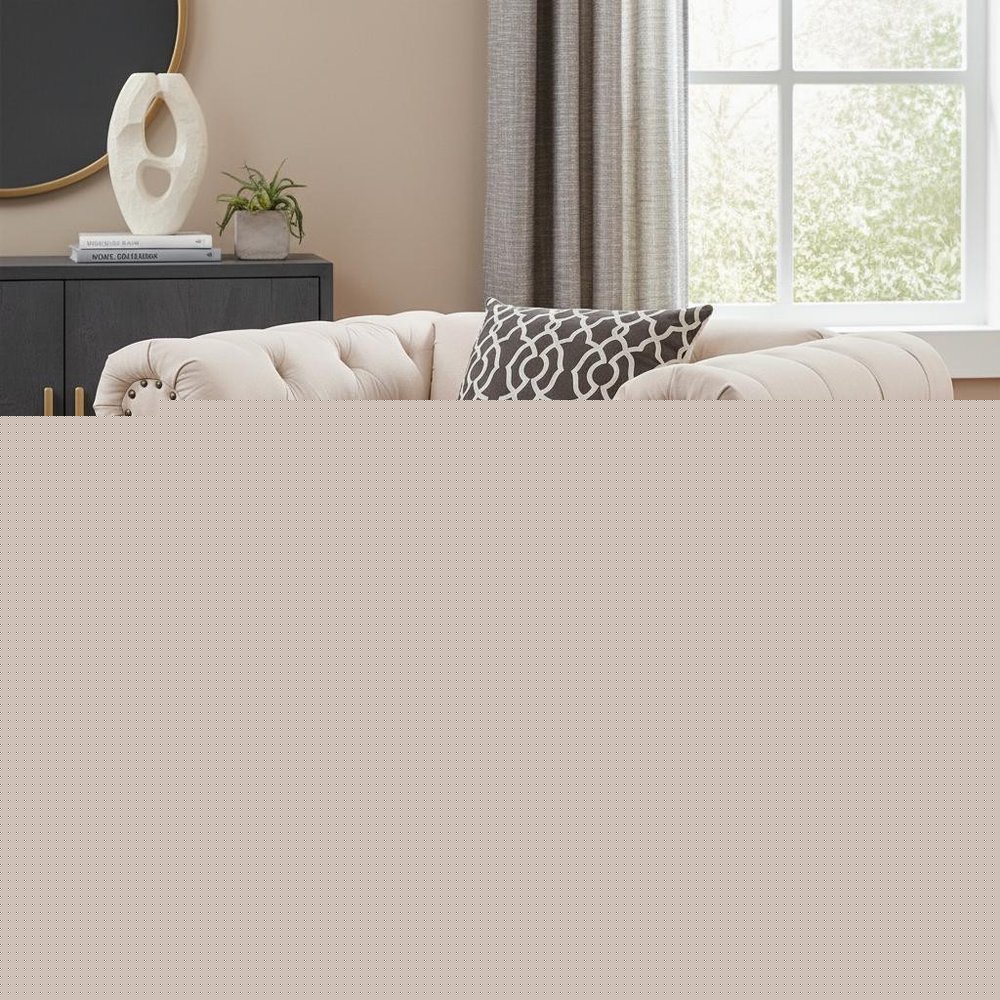 45" Beige and Black Linen Tufted Chesterfield Chair And Toss Pillow