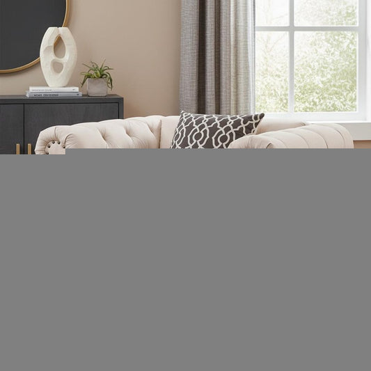 45" Beige and Black Linen Tufted Chesterfield Chair And Toss Pillow