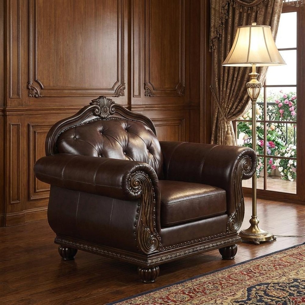 47" Espresso Top Grain Leather Tufted Arm Chair