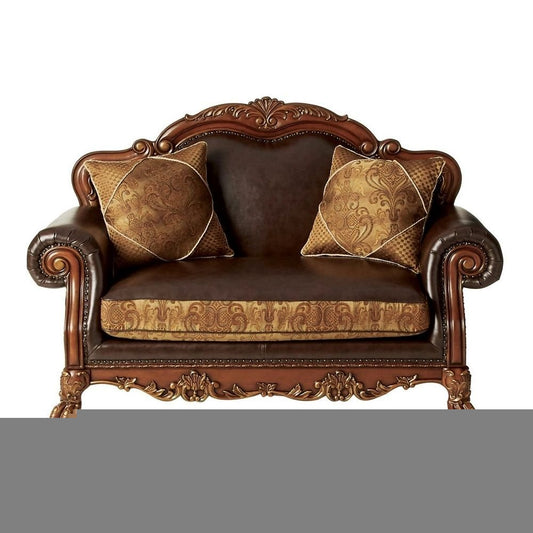 46" Brown and Cherry Blossom Pink Faux Leather Floral Tufted Arm Chair And Toss Pillow