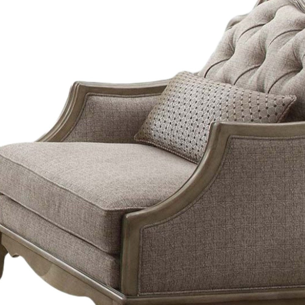 38" Beige and Taupe Fabric Tufted Chair and a Half And Toss Pillow