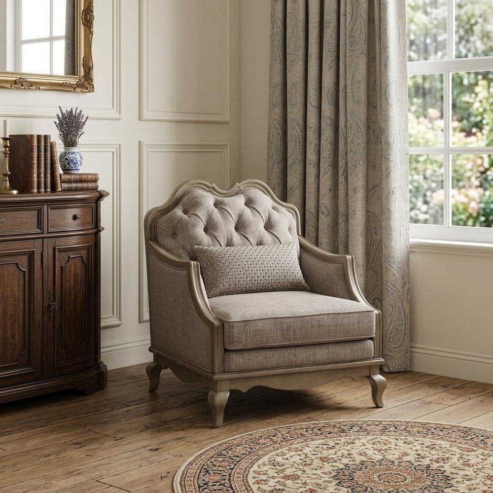 38" Beige and Taupe Fabric Tufted Chair and a Half And Toss Pillow