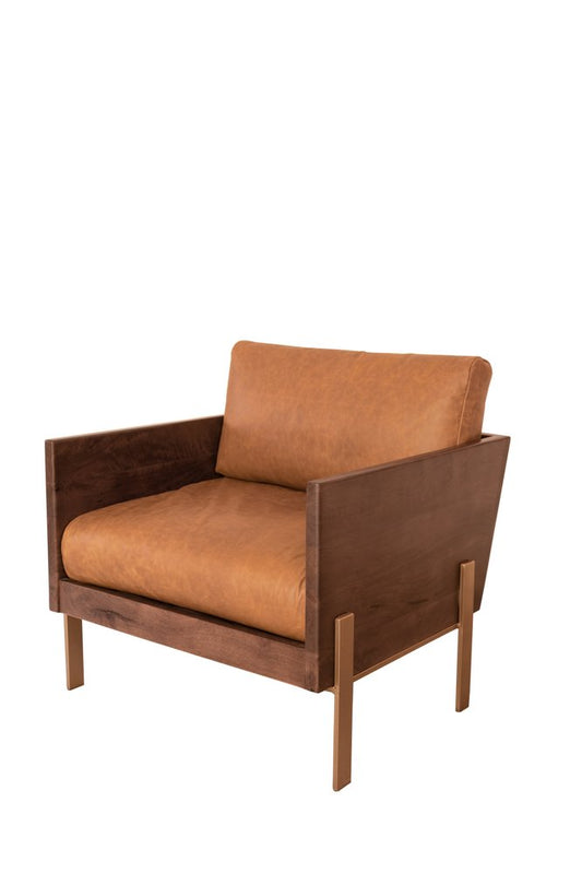 31" Brown Top Grain Leather And Solid Wood Arm Chair