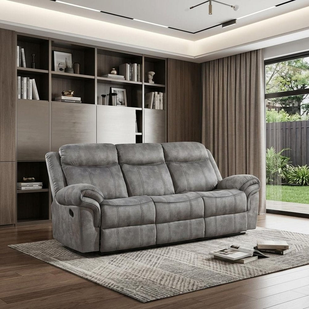 87" Gray Velvet Reclining USB Sofa With Black Legs
