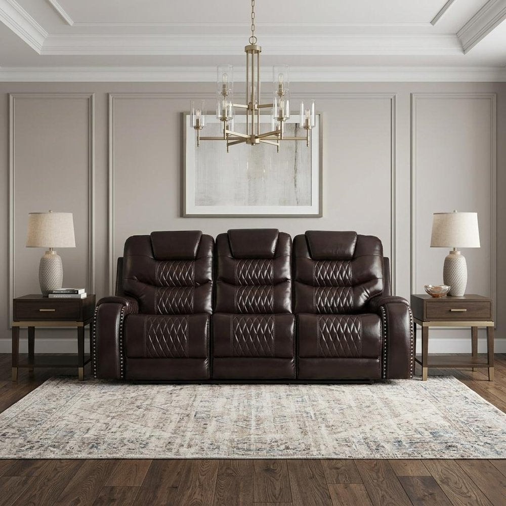 90" Brown Faux Leather Reclining Sofa With Black Legs