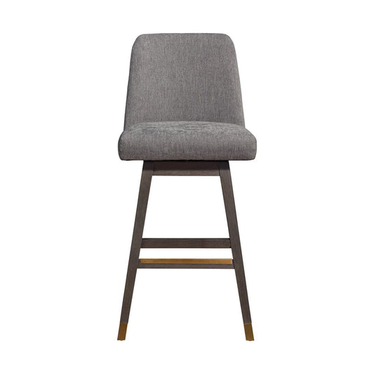 30" Gray and Brown Fabric and Solid Wood Swivel Bar Chair