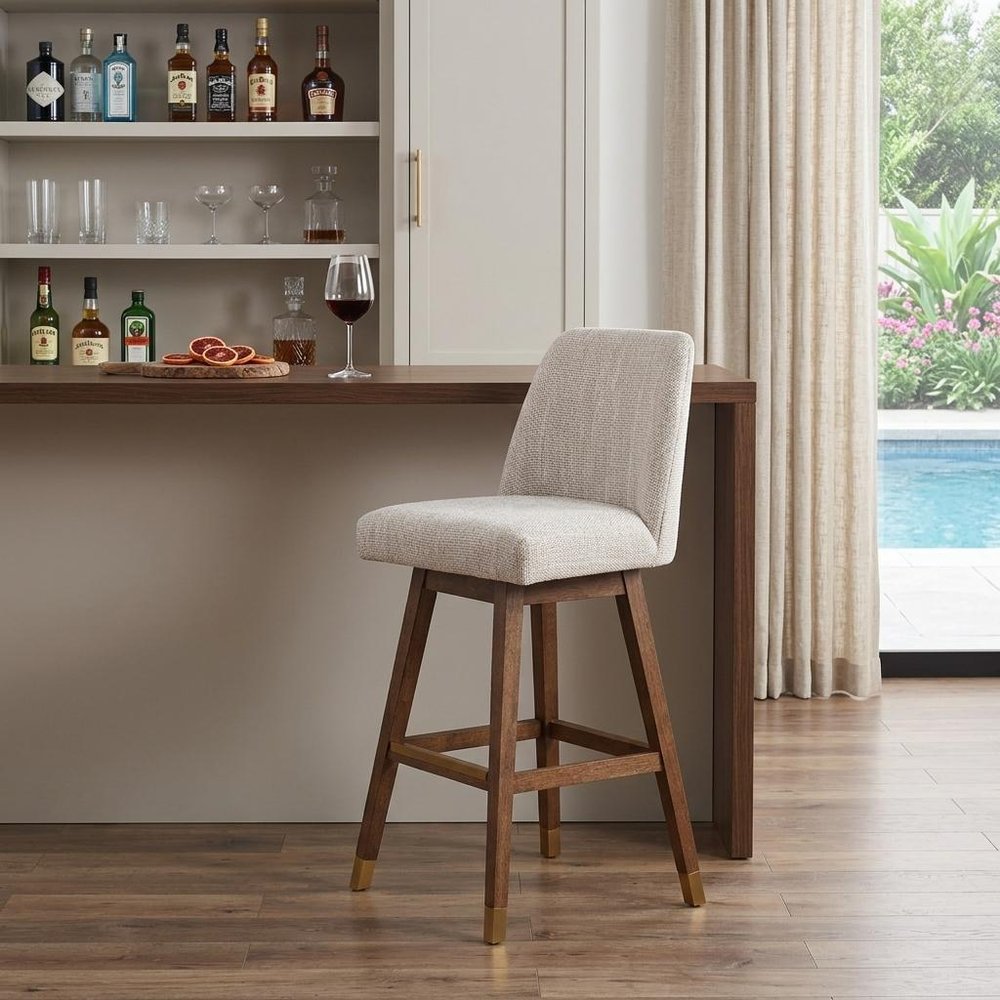 Beige and Brown Solid Wood Bar Height Swivel Bar Chair