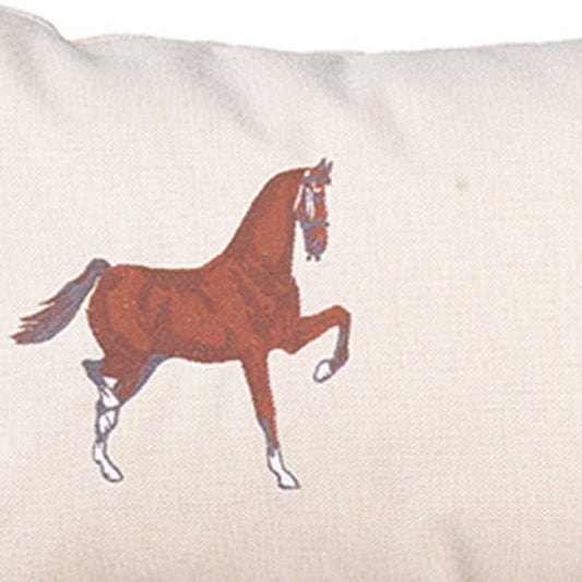Set Of Two 20" X 12" Beige And Brown Horse Zippered Handmade Faux Leather Lumbar Pillow With Embroidery