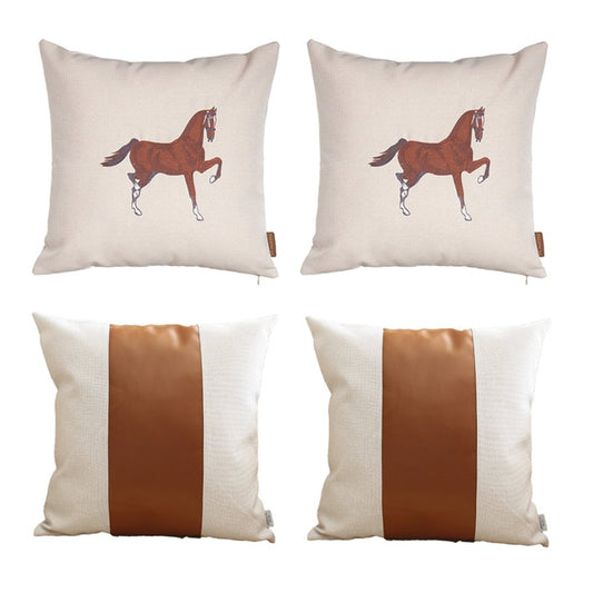 Set of Four Beige and Brown Horse Color Block Fabric and Faux Leather Throw Pillows with Embroidery
