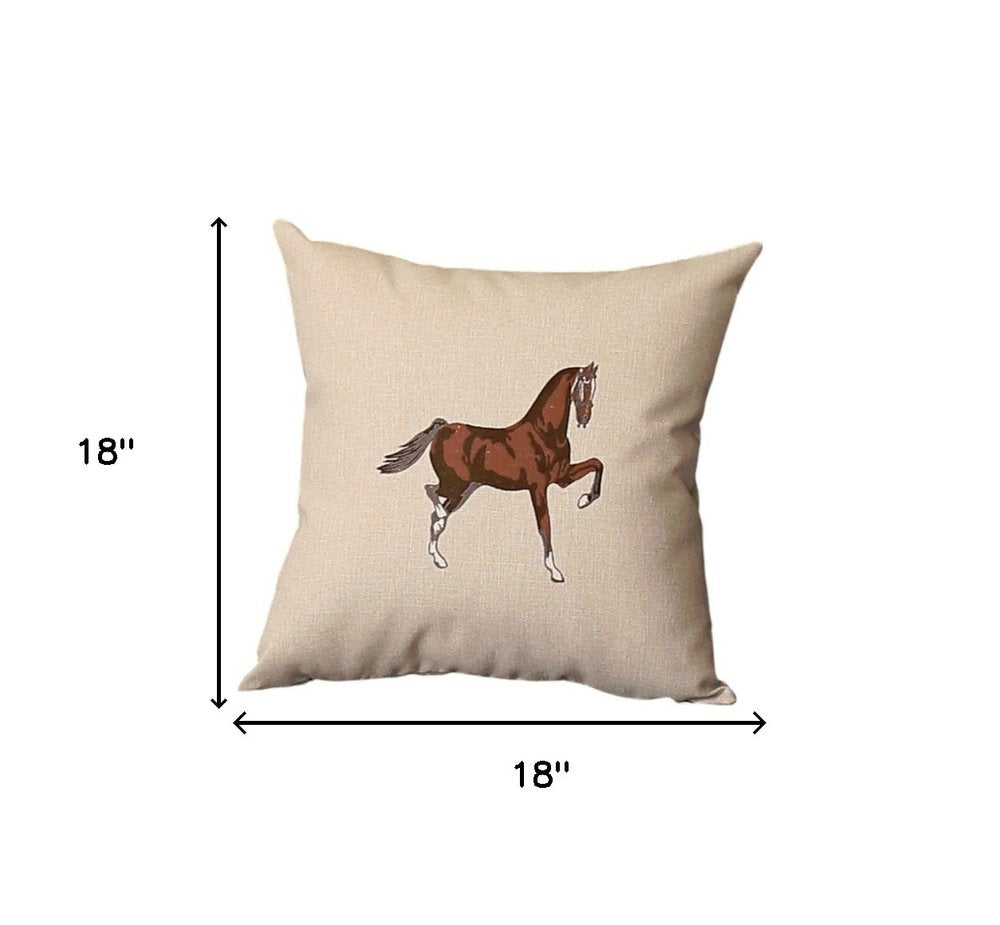 Set of Four Beige and Brown Horse Color Block Fabric and Faux Leather Throw Pillows with Embroidery