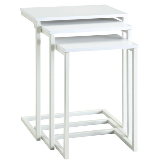 Set of Three White Solid Wood and Steel Frame Nested Tables