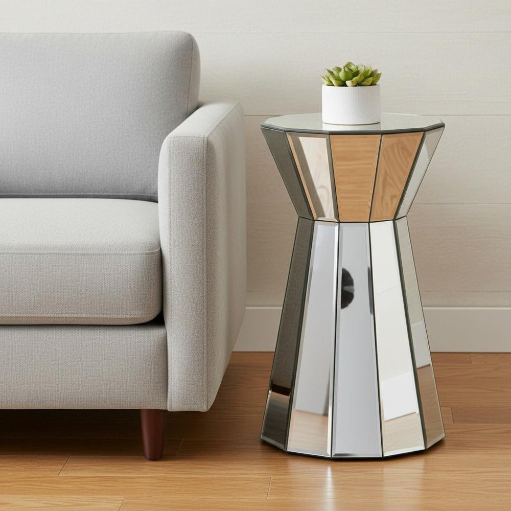 22" Silver Glass Round Mirrored End Table
