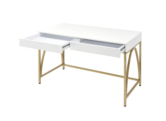 50" White And Gold Wood and Steel Vanity Table With Two Drawers