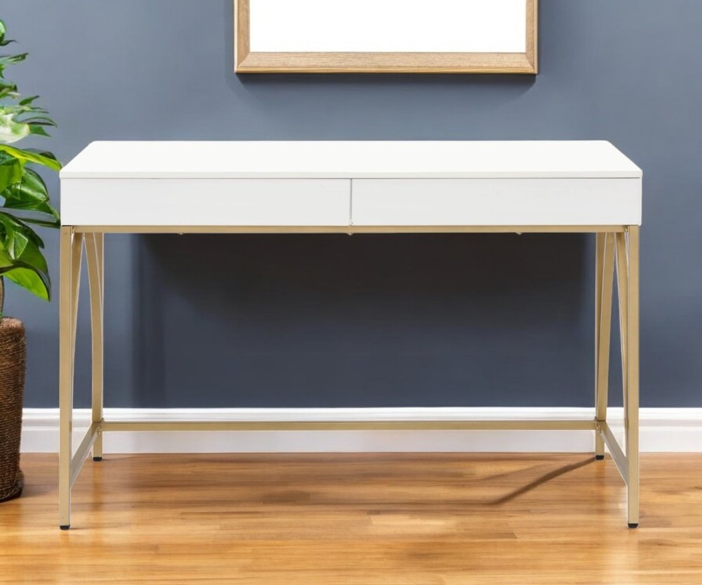 50" White And Gold Wood and Steel Vanity Table With Two Drawers