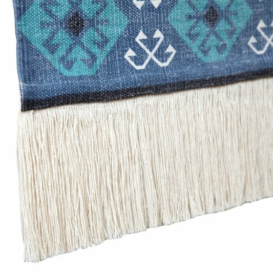 36" X 20" Blue Ivory And Teal Southwestern Cotton Hanging Tapestry