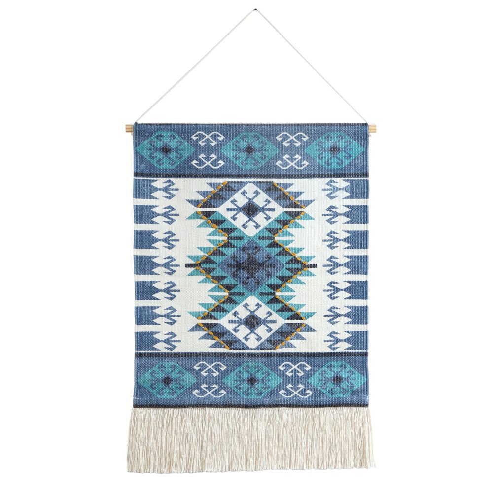 36" X 20" Blue Ivory And Teal Southwestern Cotton Hanging Tapestry