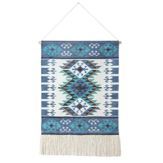 36" X 20" Blue Ivory And Teal Southwestern Cotton Hanging Tapestry