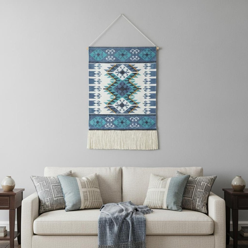 36" X 20" Blue Ivory And Teal Southwestern Cotton Hanging Tapestry