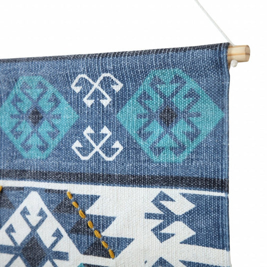 36" X 20" Blue Ivory And Teal Southwestern Cotton Hanging Tapestry