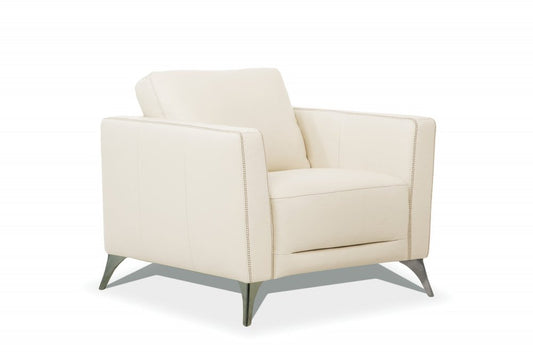 35" Cream and Black Genuine Leather Arm Chair