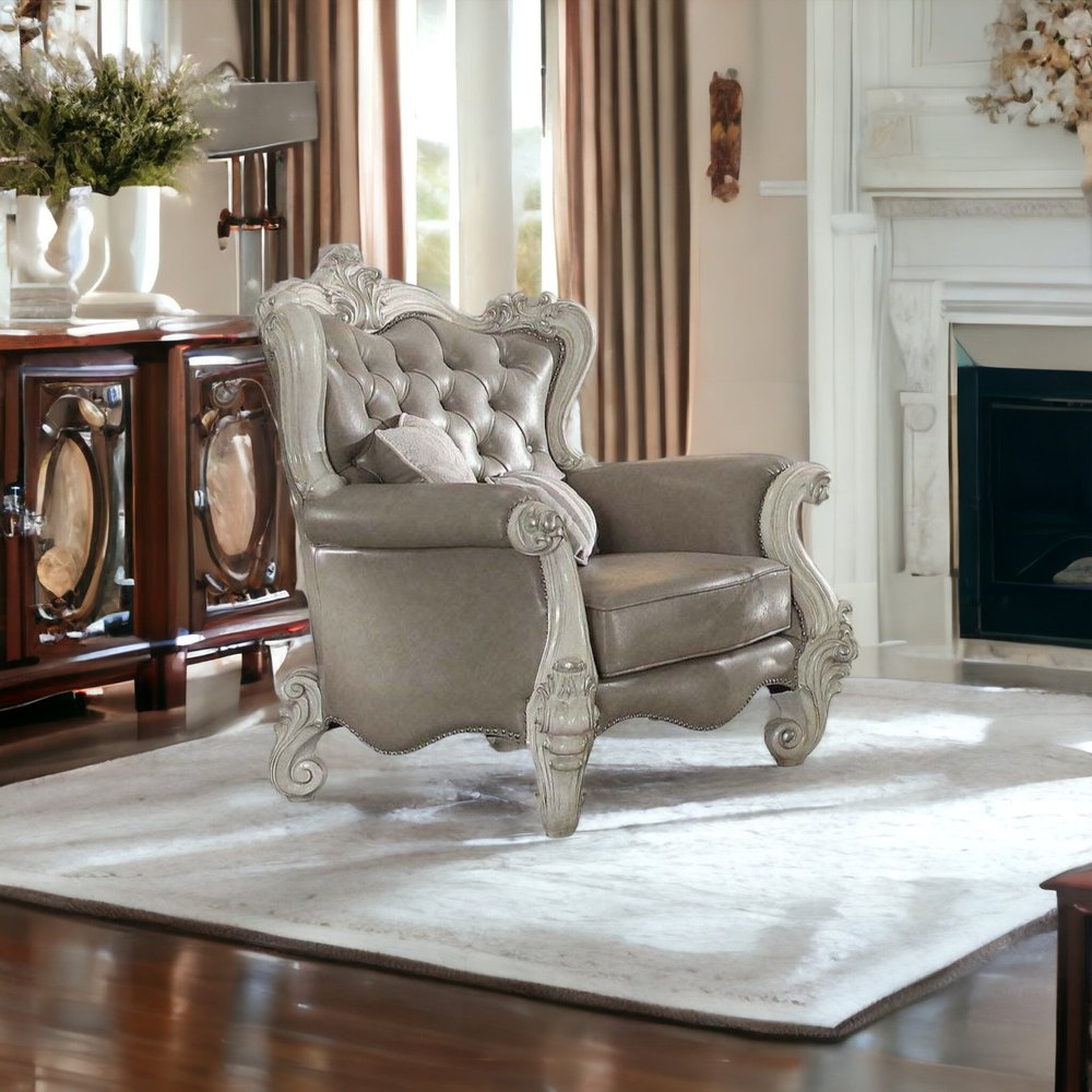 43" Gray and Bone Faux Leather Tufted Chesterfield Chair And Toss Pillows