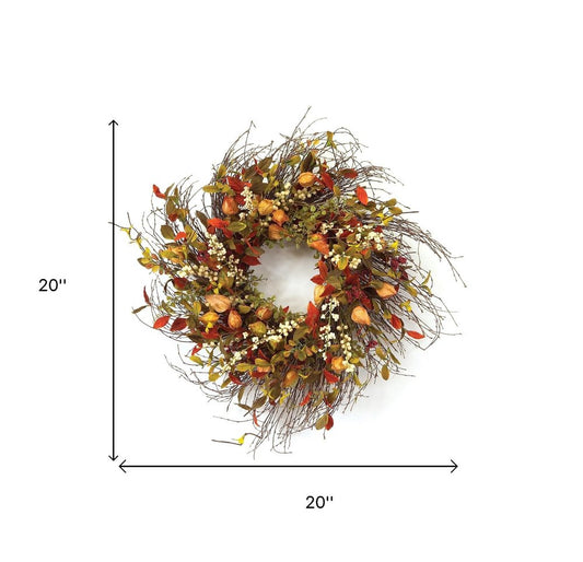 20" Green Brown And White Fall Mixed Assortment Artificial Wreath