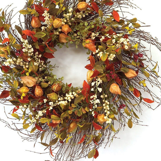 20" Green Brown And White Fall Mixed Assortment Artificial Wreath